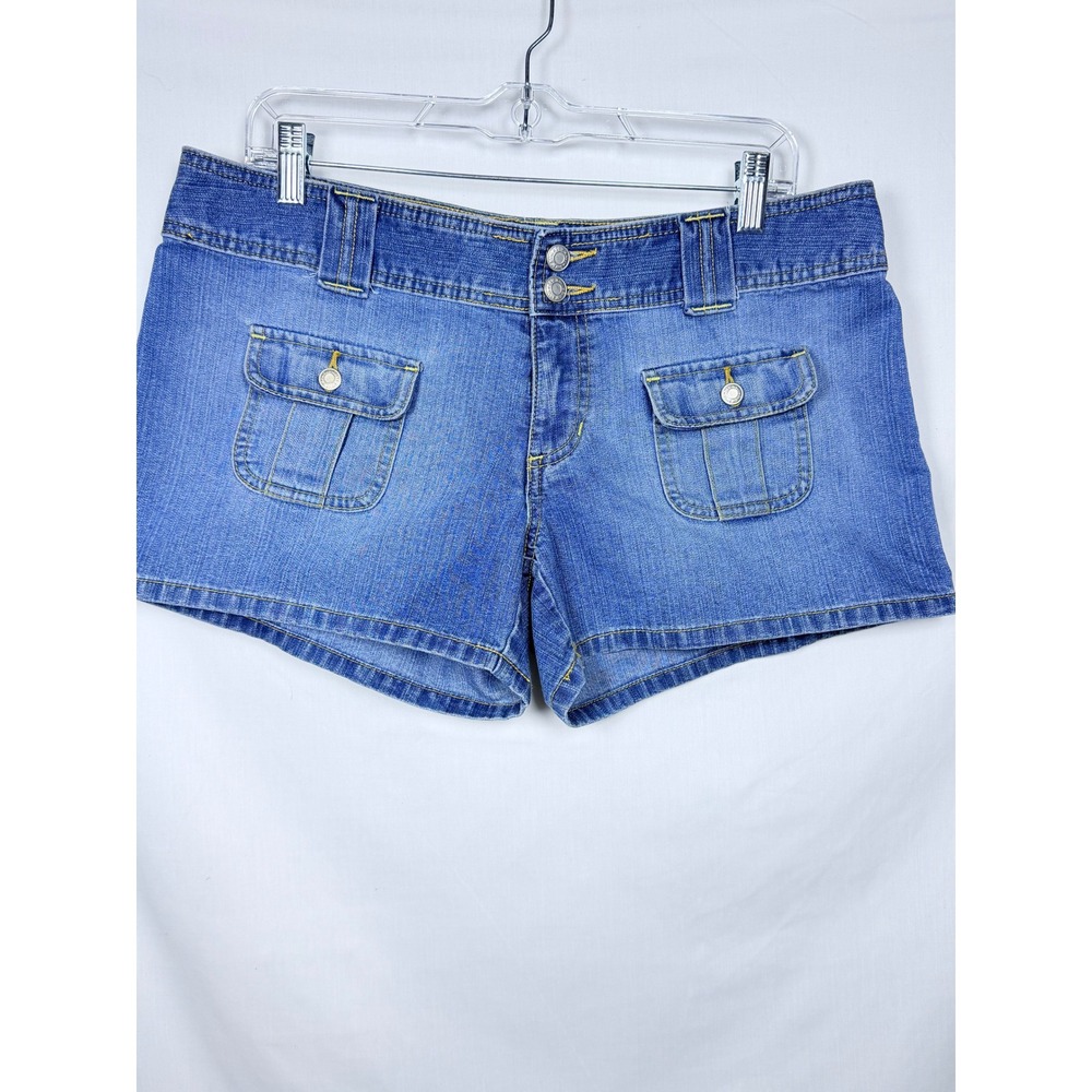 Old Navy Women 10 Blue Denim Short Ultra Low Rise Y2K Cargo Pockets Pop Rock 00s